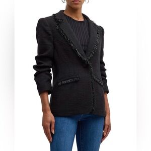 Cinq à Sept Kimmie Metallic Fringe Ruched Sleeve Black Blazer